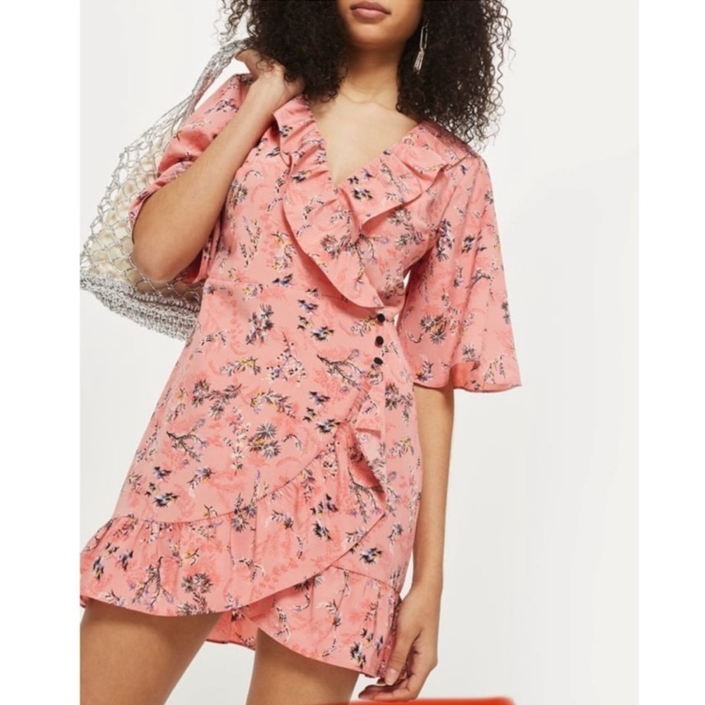 Topshop Pink Floral Ruffle Wrap Dress, size 10